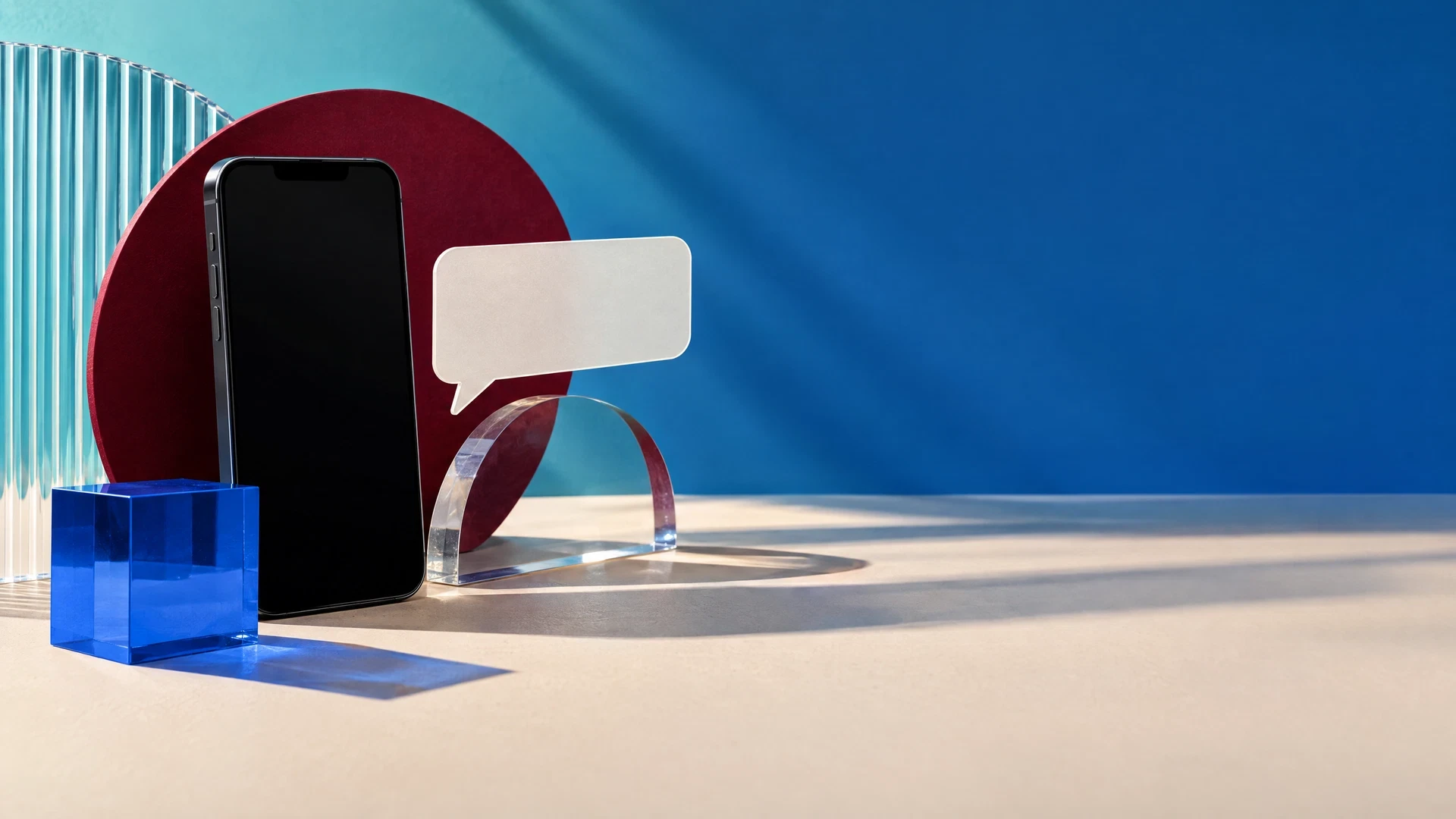 Abstract smartphone silhouette with translucent shapes and blank card