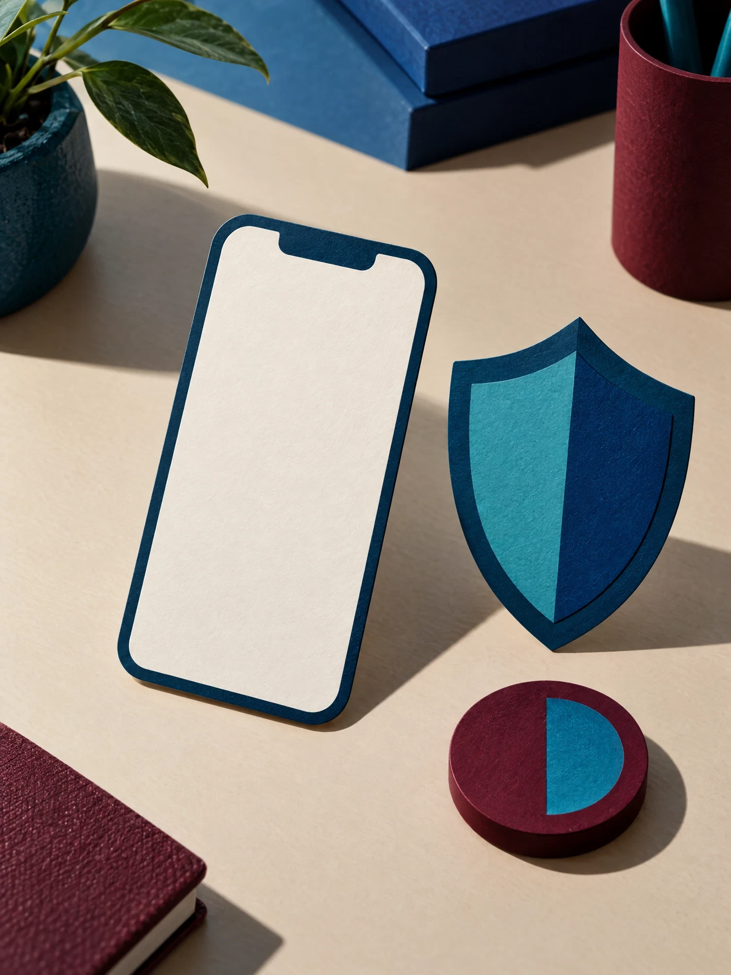 Blank phone-shaped card and paper privacy shield