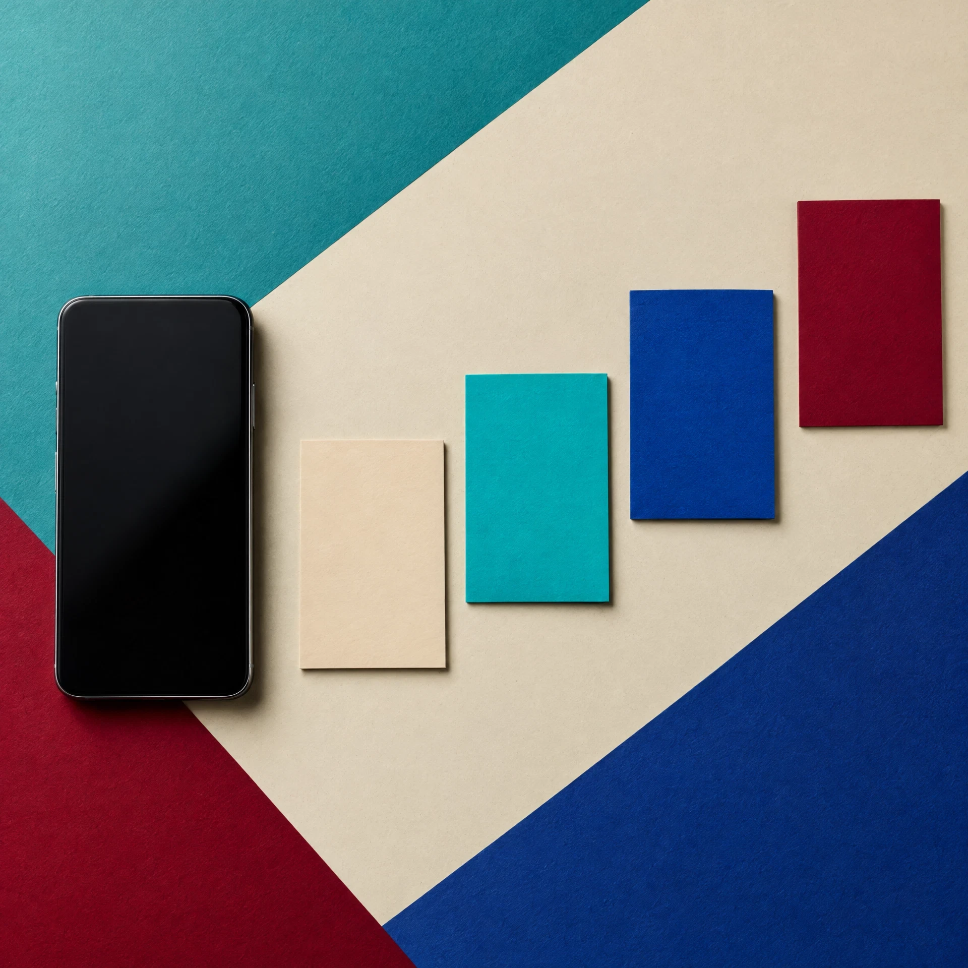 Generic smartphone with colored blank cards forming a signal path