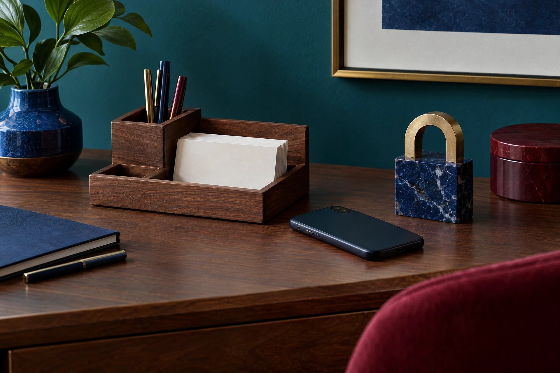 Quiet desk organizer with blank cards and an unlit generic phone