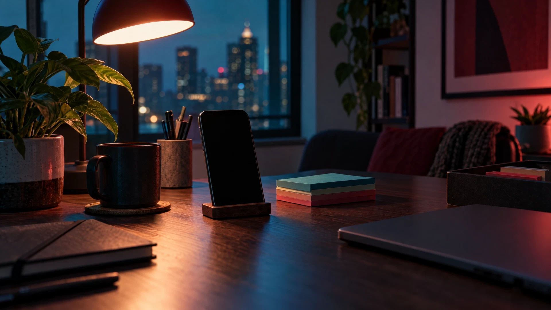 Evening workspace with generic blank-screen smartphone and note cards