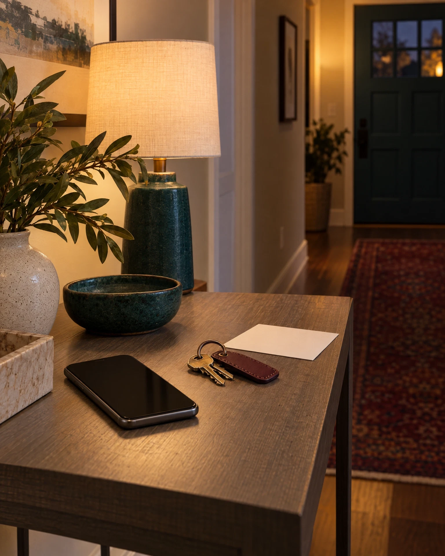 Quiet hallway table with generic smartphone, keys and blank note